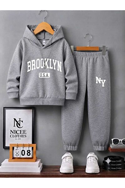 NC Nicee Clothes Children's Tracksuit Unisex (White Broklyn Usa Print Winter)