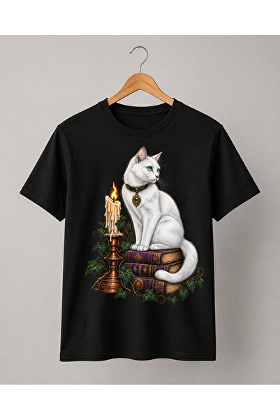 Generic Brand Tricou Gothic Negru cu Pisică Albă, Cărți și Lumânare