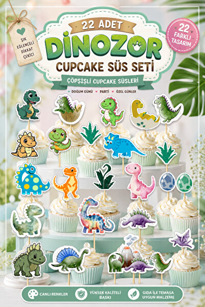 Hayali Çizgili 22 Pieces Dinosaur Cupcake Decoration Set with Skewers Birthda...