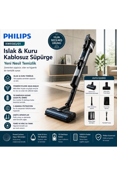 Philips XW9383/01 Aqua Trio 3'ü 1 Arada (Islak, Kuru ve Moplu) Sarjlı ve Kabl...