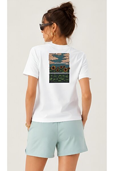 HAEDUS Unisex Sunflower View Back Print Cotton T-Shirt