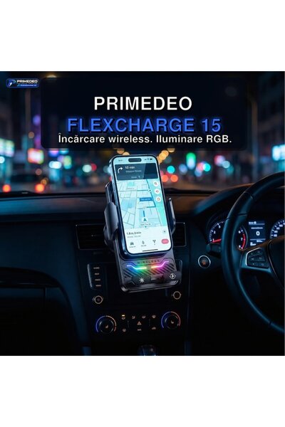 PRIMEDEO Suport telefon auto, Încărcare wireless rapidă de 15W, Senzor inteligent, Brațe automate, 360 °