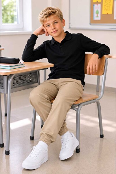 BEBEĞİME ÇORAP Boys' Long Sleeve Polo Collar School T-Shirt - Basic Casual Top