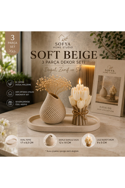 Sofya Home Studio Soft Beige 3 Parça Dekor Seti – Oval Tepsi, Damla Dokulu Va...