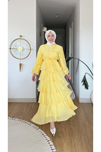 Nes Moda Kadın Kat Kat Volanlı Bel Bağlamalı Tesettür Elbise
