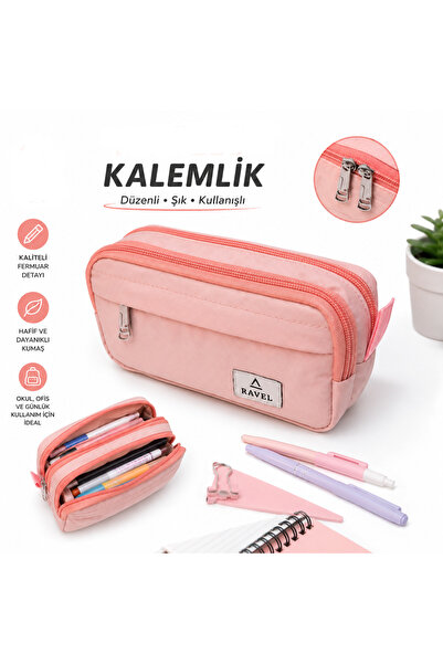 YDNE 3 Bölmeli Ravel Paraşüt Kumaş Kalem Çantası Pudra 21x10.5 cm