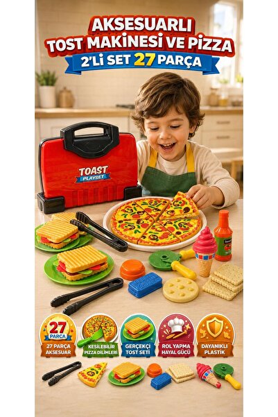 OyuncakZade 25 cm Tost Makinesi ve Pizza Aksesuarlı 2'li Set Evcilik Mutfak S...