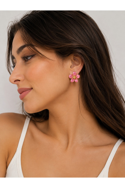 YAREN CLARA Gold Detailed Flower Earrings Pink & White Set Yrn-27