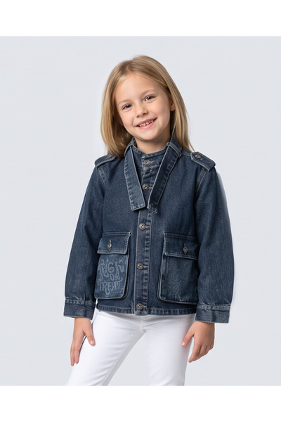 KAMS MELİSAM Kız Çocuk Kot Denim Yırtık Detaylı Kargo Cep Ceket