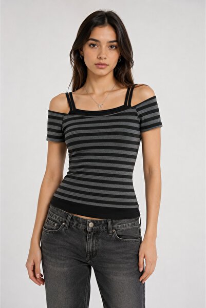 None Wear Siyah Antrasit Çizgili Ek Askılı Harajuku Y2K Kısa Kollu Crop