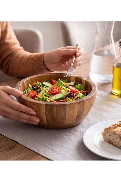 Fiyakalı Ürünler Atölyesi Natural Wooden Bowl - Acacia Salad Bowl - Solid Ser...