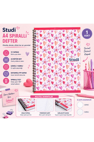 Studi Kalp Çiçek Desenli A4 Spiralli Defter 72 Yaprak PP Kapak Çizgili Kareli...