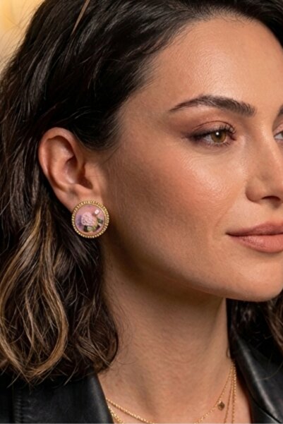 Nazellaa Gold Plated Pink Motif Enamel Earrings