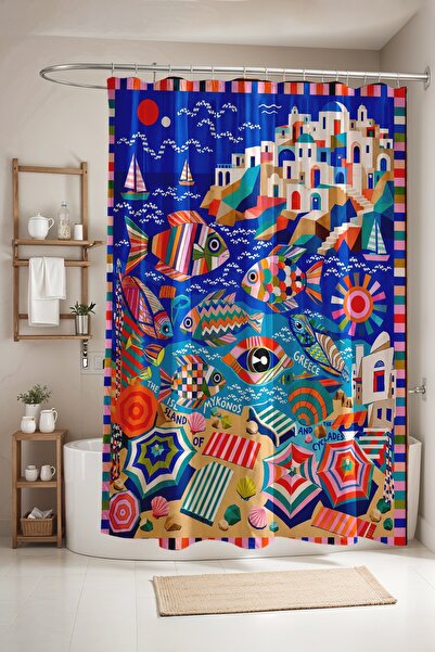 EVPANYA ستارة حمام بنمط جزيرة ميكونوس والأسماك، ستارة حوض الاستحمام 175x200 سم