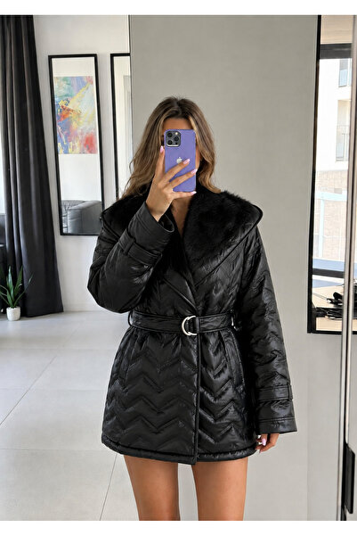 Ekim Store Quilted Belted Oversize Fur-Inside Puffer Coat