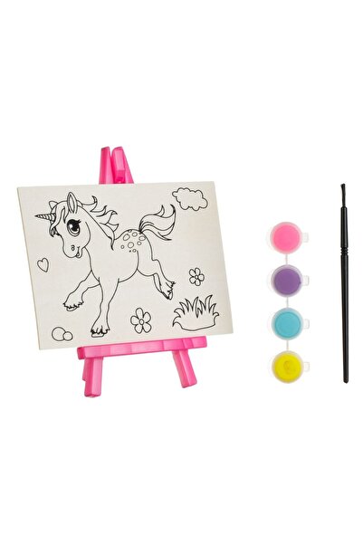 OEM Set de pictură din lemn Unicorn cu șevalet, 4 vopsele și pensulă - 7 piese