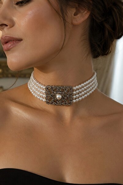 FAYRA ACCESSORIES Choker İnci Kolye Zirkon Taşlı Otantik Tasarım
