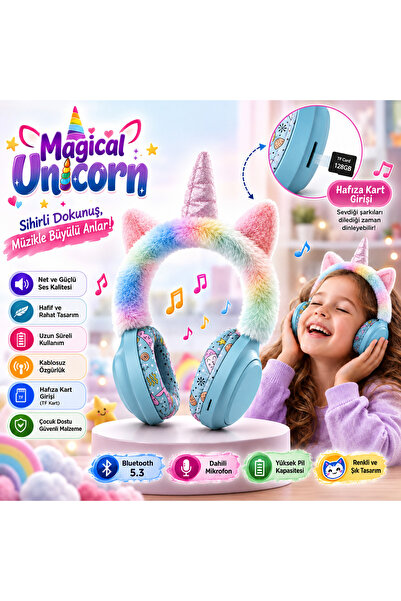 Unicorn Tasarımlı Şarjlı Premium Çocuk Kulaklığı Bluetooth Kablosuz Kulak Üstü Kulaklık Mikrofonlu Hafıza Kart Destekli