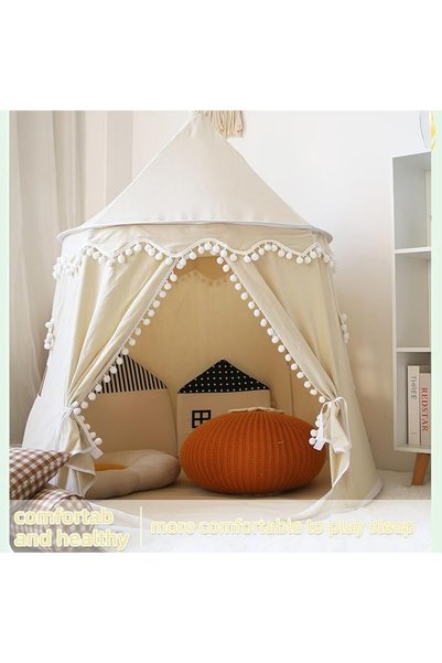 CENXI Kids Teepee Tent, Natural Canvas Playhouse with Fringe, Washable Fabric, Tipi Sleepover Tent, Includ