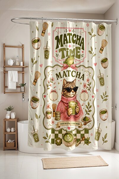 EVPANYA Matcha Seven Cat Patterned Shower Curtain, Bathtub Curtain 175X200Cm