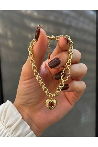 YONCA CM JEWELRY Bordo Taşlı Kalp Charmlı , 14 Ayar Altın Kaplama Özel Seri K...