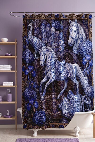 EVPANYA Tile Themed Horses Patterned Shower Curtain, Bathtub Curtain 175X200Cm