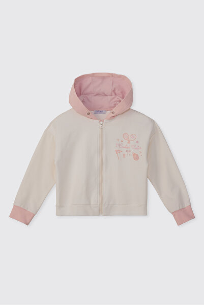 Panço Kız Çocuk Kapüşonlu Fermuarlı Baskılı Ekru Sweatshirt