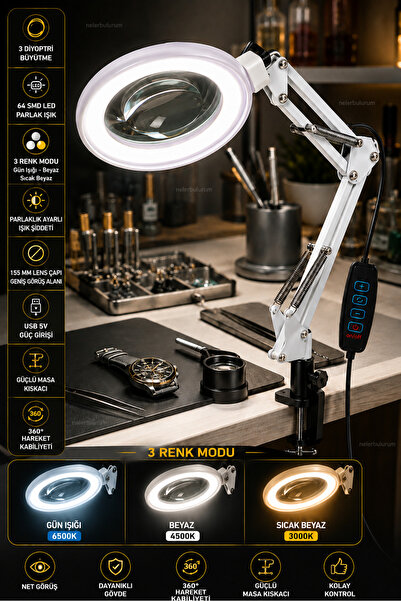 nelerbulurum Professional 3 Diopter 64 Led Acrobat 3-Color Light Magnifier – ...