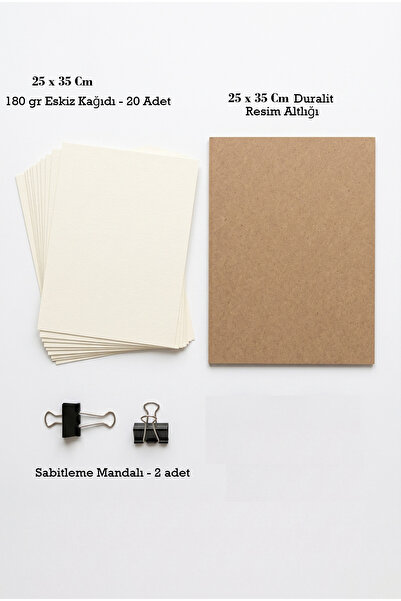 HOBBYRONS 25x35 cm Eskiz Ve Resim Altlığı Seti - 180 gr Çizim Kağıdı (20 Adet) + Duralit Altlık Ve 2 Adet Sabitleme Mandalı