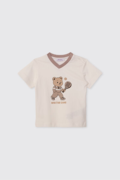 Panço Baby Boy Teddy Bear Printed Ecru T-Shirt