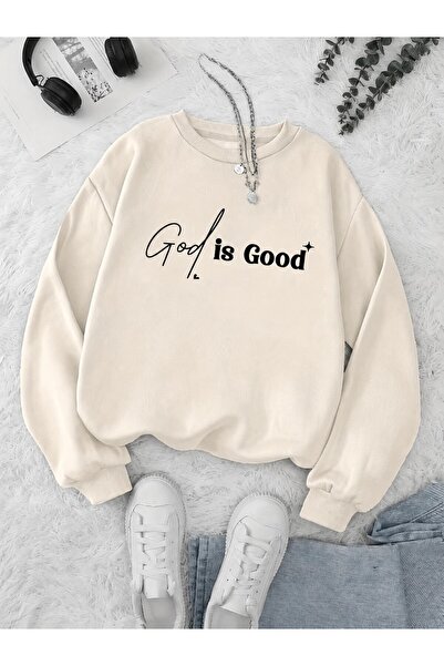 Trend Sizde Hanorac unisex cu imprimeu „God Is Good” și guler tip crewneck