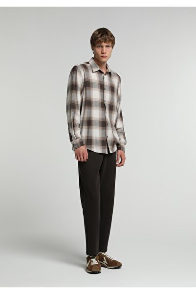 Colin's Regular Fit Shirt Neck Ekoseli Erkek Kahverengi Uzun Kol Gömlek