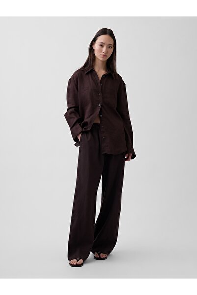 GAP Kadın Kahverengi Keten Karışımlı Easy Wide-Leg Pantolon