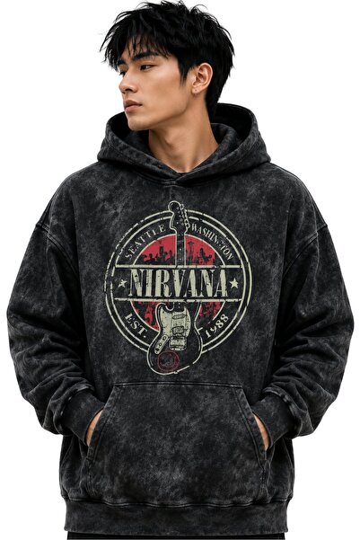 SEVBANO Hanorac cu glugă premium, lavabil, oversize, unisex, cu imprimeu Nirv...