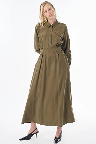 Kayra Shirt Collar Rayon Dress Khaki