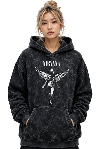 SEVBANO Hanorac cu glugă premium, lavabil, oversize, unisex, cu imprimeu Nirv...