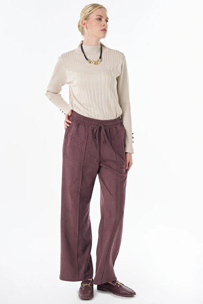 Kayra Elastic Waist Suede Trousers Burgundy