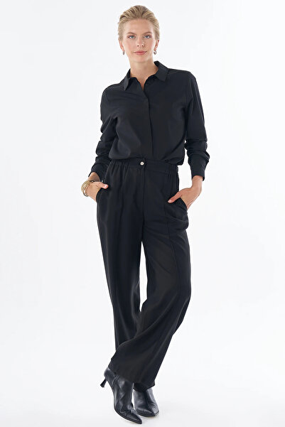 Kayra Elastic Waist Rayon Trousers Black