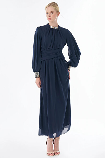 Kayra Waist Detailed Chiffon Dress Navy Blue