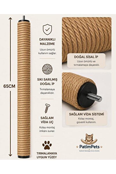 PatimPets 65cm Mega Boy Kedi Tırmalama Kulesi Yedek Rulosu M8 Vidalı 1Adet