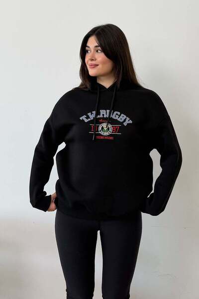 GİYSA Women's Hooded Letter Embroidered Embroidered Sweatshirt Black - 2620
