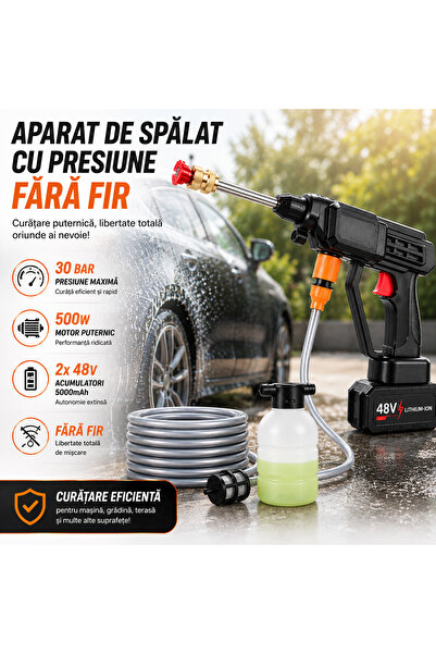 ASMXX Aparat de Spălat cu Presiune Fără Fir, 500W, 30 Bar, 2 Acumulatori 48V ...