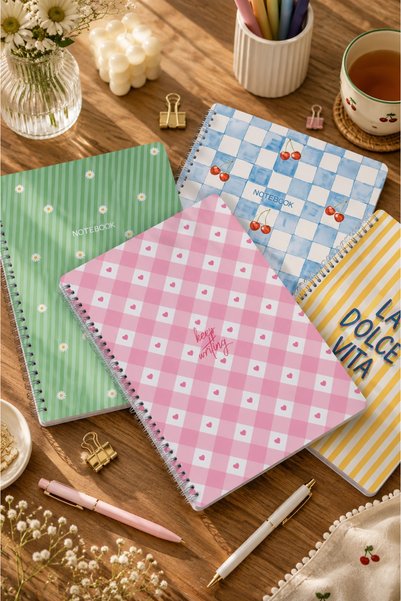 DİVAL A4 Spiral Cardboard Cover Set of 4, 2 Squares, 2 Lines, Timetable and Lesson Plan Note School Notebook - Yellow Green
