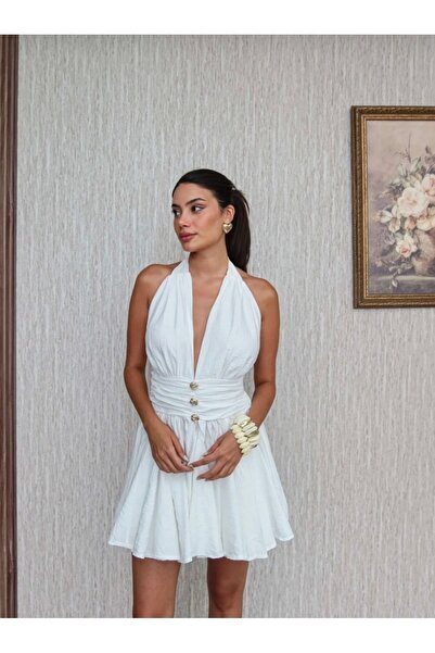 VIORA FASHION فستان نسائي قصير من قماش الغوفر بأزرار ذهبية وياقة مفتوحة من الخلف