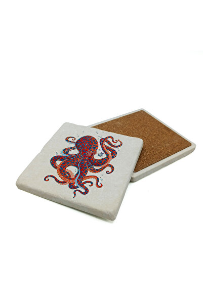 Sadrazam Octopus Printed Natural Stone Coaster 10X10 1G-Ahtapot1
