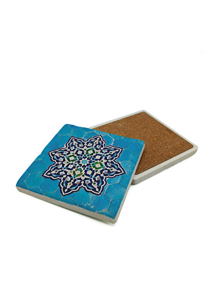 Sadrazam Iranian Geometric Tile Pattern Printed Natural Stone Coaster 10X10 K...