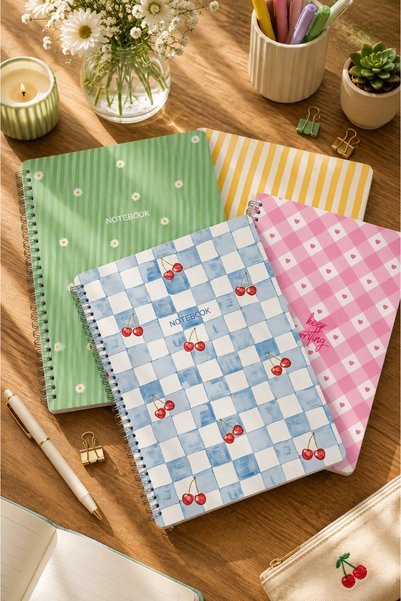 DİVAL A4 Spiral Cardboard Cover Set of 4, 2 Squares, 2 Lines, Timetable and Lesson Plan Note School Notebook - Yellow Green