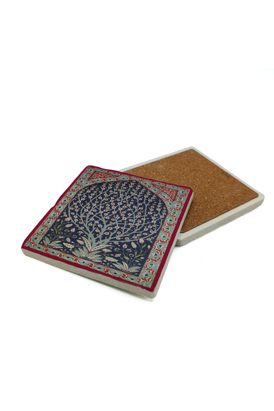 Sadrazam Iznik Tile Pattern Printed Natural Stone Coaster 10X10 Kd-107