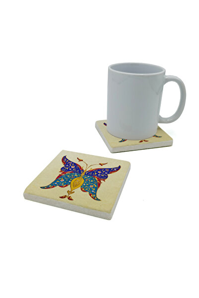 Sadrazam Butterfly Pattern Printed Natural Stone Coaster 10X10 Kd-5