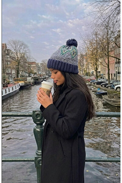 LAGRANZE Earthline Ethnic Patterned Pompom Soft Textured Knitted Beanie 2791